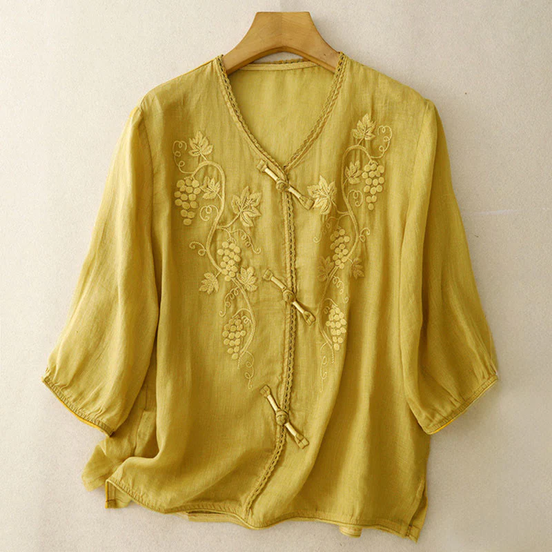Buddha Stones Camicia da donna in cotone con maniche a tre quarti, motivo a uva ricamata, design in pizzo e bottoni a rana - Image 10