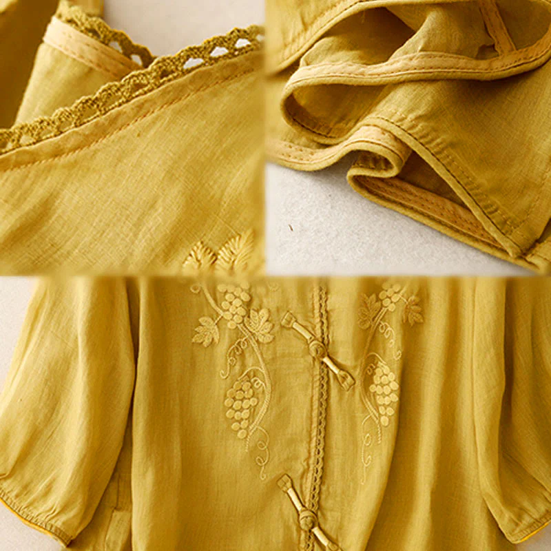 Buddha Stones Camicia da donna in cotone con maniche a tre quarti, motivo a uva ricamata, design in pizzo e bottoni a rana - Image 14