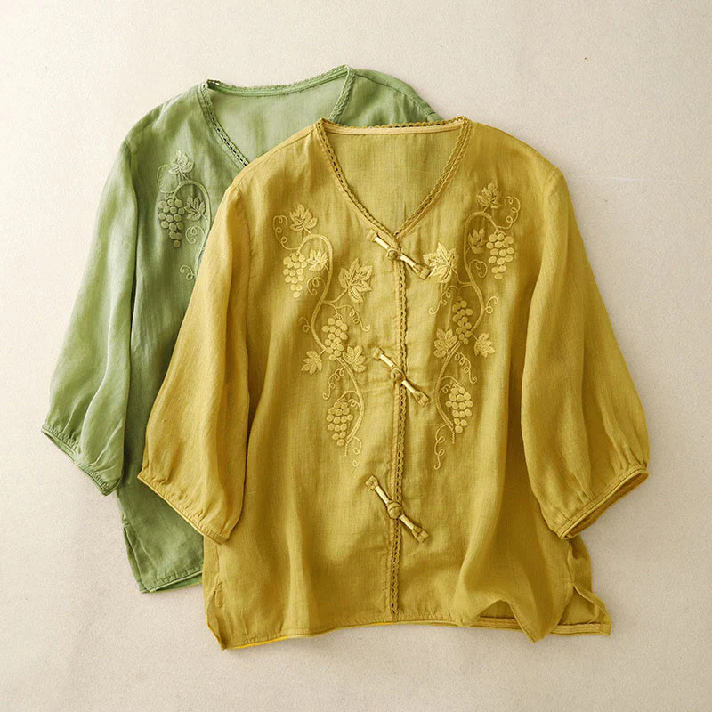 Buddha Stones Camicia da donna in cotone con maniche a tre quarti, motivo a uva ricamata, design in pizzo e bottoni a rana - Image 15