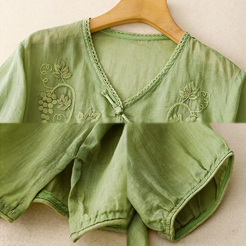 Buddha Stones Camicia da donna in cotone con maniche a tre quarti, motivo a uva ricamata, design in pizzo e bottoni a rana - Image 4