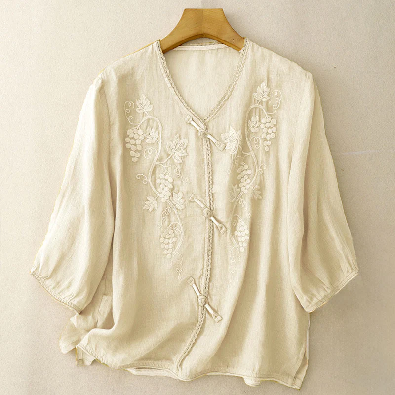 Buddha Stones Camicia da donna in cotone con maniche a tre quarti, motivo a uva ricamata, design in pizzo e bottoni a rana - Image 6