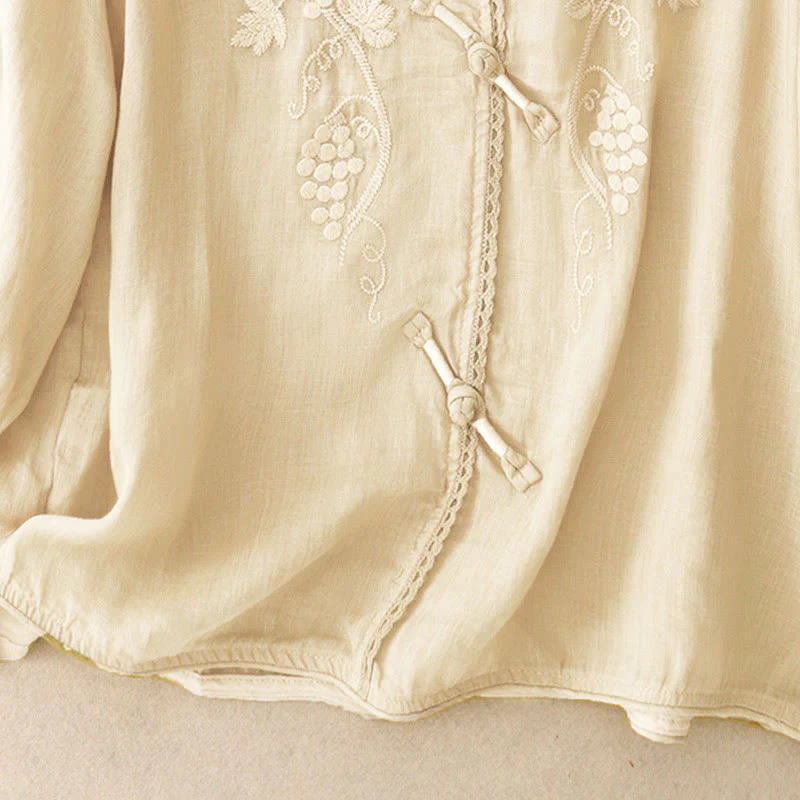 Buddha Stones Camicia da donna in cotone con maniche a tre quarti, motivo a uva ricamata, design in pizzo e bottoni a rana - Image 7