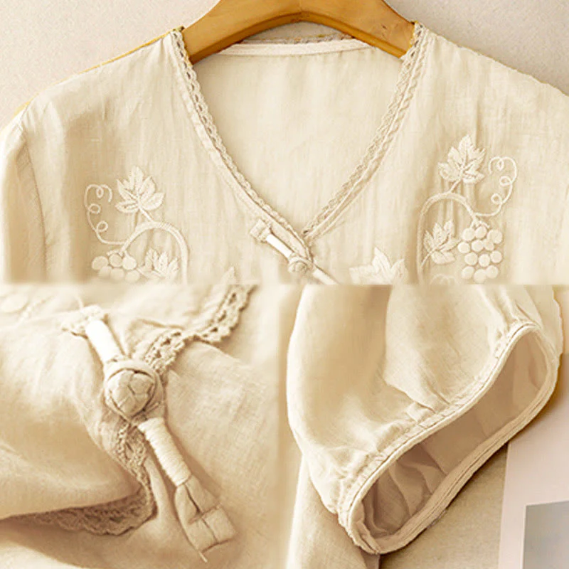 Buddha Stones Camicia da donna in cotone con maniche a tre quarti, motivo a uva ricamata, design in pizzo e bottoni a rana - Image 9
