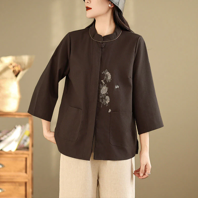 Buddha Stones Camicia da donna in cotone con maniche a tre quarti, motivo floreale ricamato e tasche