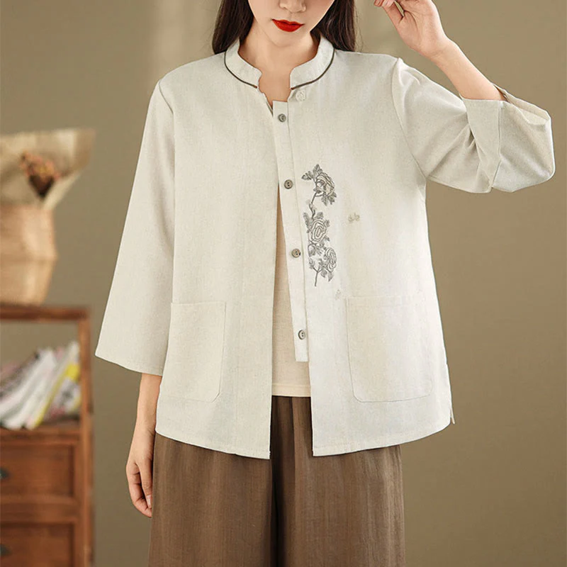 Buddha Stones Camicia da donna in cotone con maniche a tre quarti, motivo floreale ricamato e tasche - Image 10