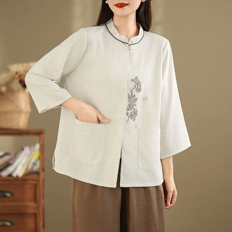 Buddha Stones Camicia da donna in cotone con maniche a tre quarti, motivo floreale ricamato e tasche - Image 11