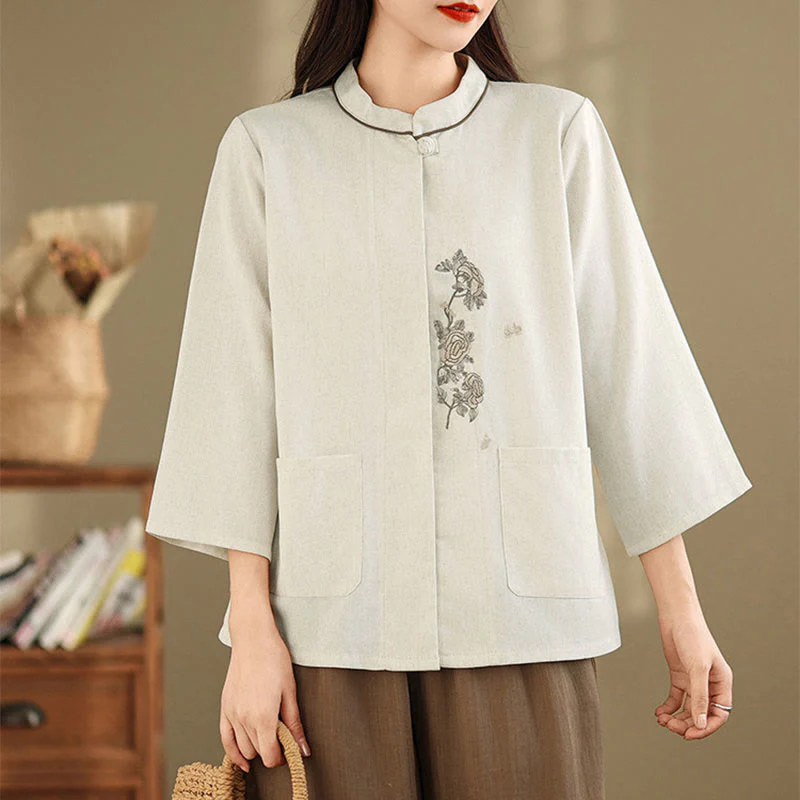 Buddha Stones Camicia da donna in cotone con maniche a tre quarti, motivo floreale ricamato e tasche - Image 12