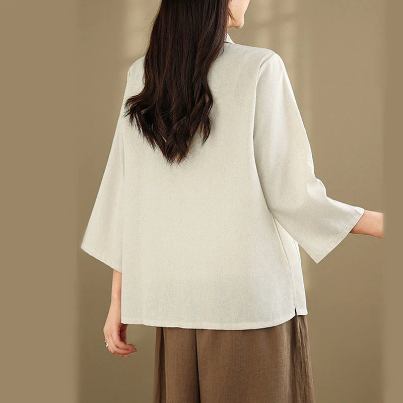 Buddha Stones Camicia da donna in cotone con maniche a tre quarti, motivo floreale ricamato e tasche - Image 13