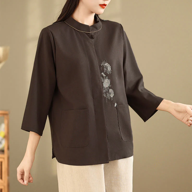 Buddha Stones Camicia da donna in cotone con maniche a tre quarti, motivo floreale ricamato e tasche - Image 3