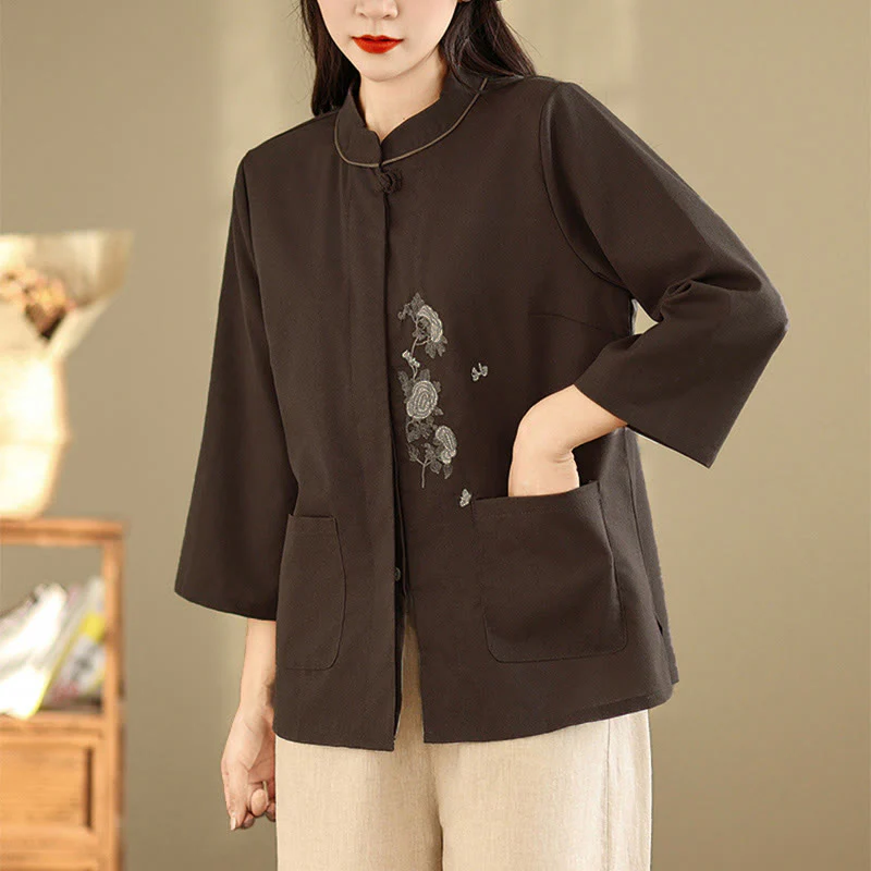 Buddha Stones Camicia da donna in cotone con maniche a tre quarti, motivo floreale ricamato e tasche - Image 4