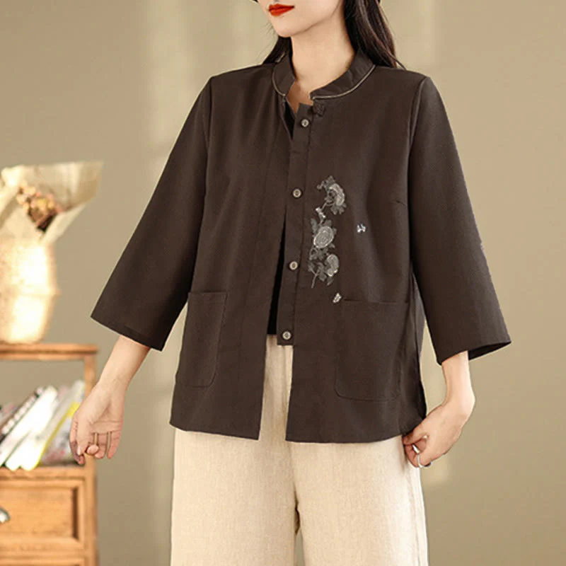 Buddha Stones Camicia da donna in cotone con maniche a tre quarti, motivo floreale ricamato e tasche - Image 5