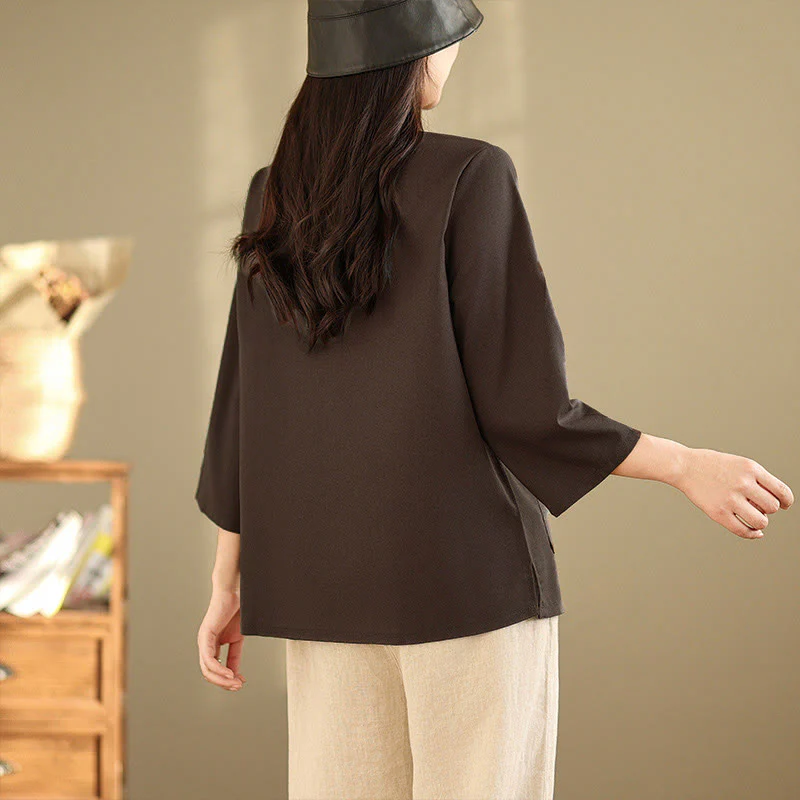 Buddha Stones Camicia da donna in cotone con maniche a tre quarti, motivo floreale ricamato e tasche - Image 6