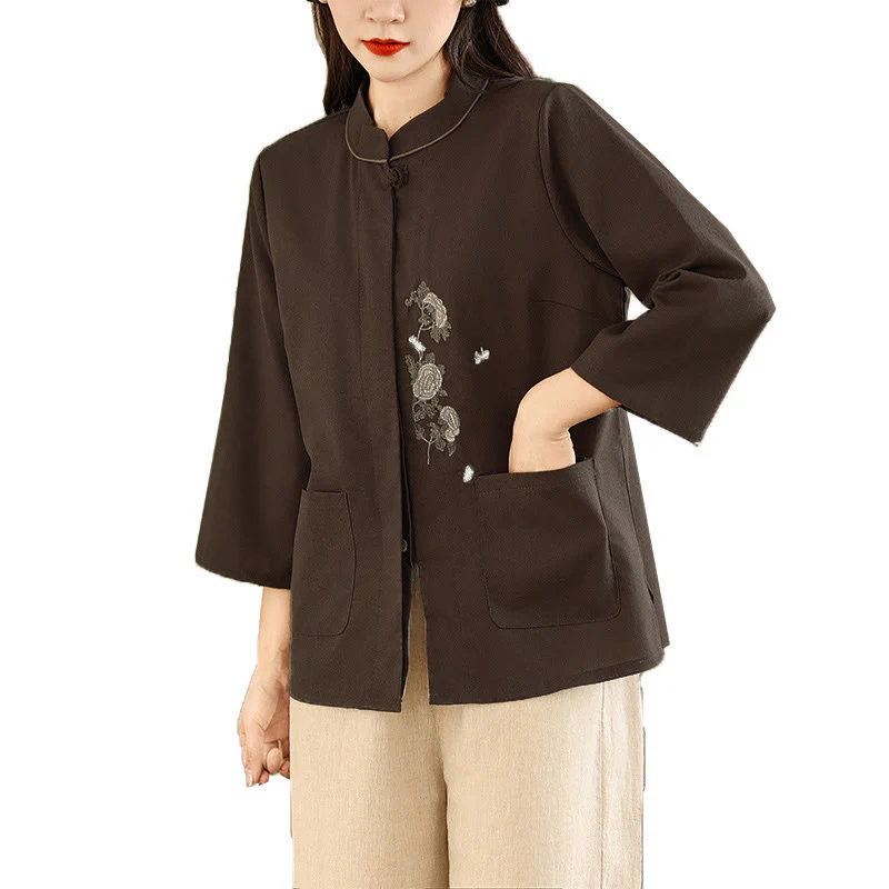 Buddha Stones Camicia da donna in cotone con maniche a tre quarti, motivo floreale ricamato e tasche - Image 7