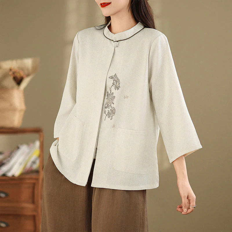 Buddha Stones Camicia da donna in cotone con maniche a tre quarti, motivo floreale ricamato e tasche - Image 8