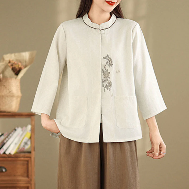 Buddha Stones Camicia da donna in cotone con maniche a tre quarti, motivo floreale ricamato e tasche - Image 9