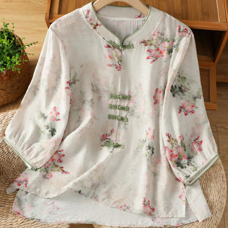 Buddha Stones Camicia da donna in cotone con maniche a tre quarti, stampa floreale, tinta unita, bottoni cinesi a forma di rana