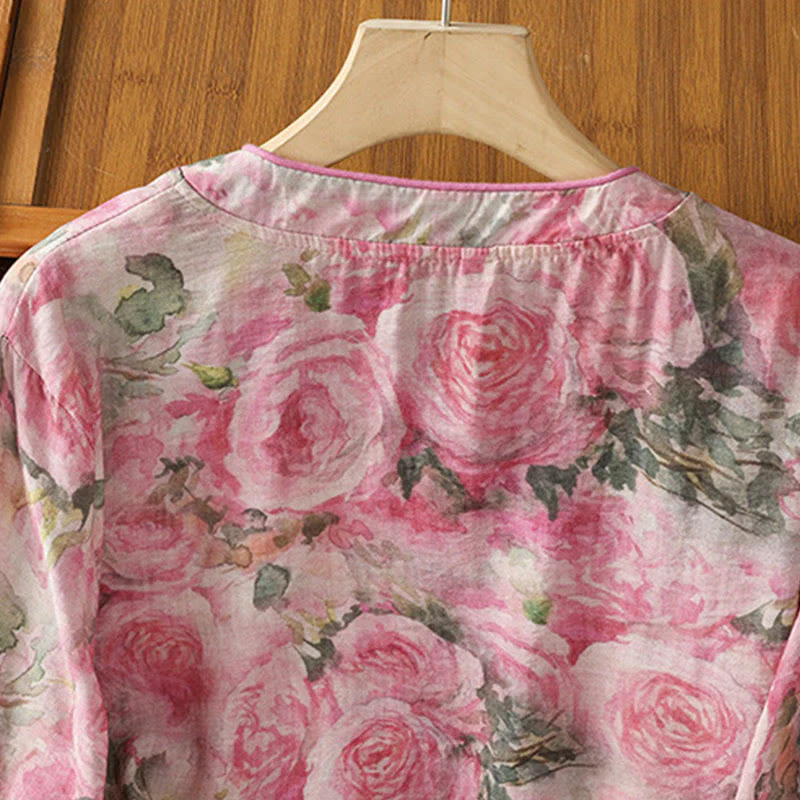 Buddha Stones Camicia da donna in cotone con maniche a tre quarti, stampa floreale, tinta unita, bottoni cinesi a forma di rana - Image 10