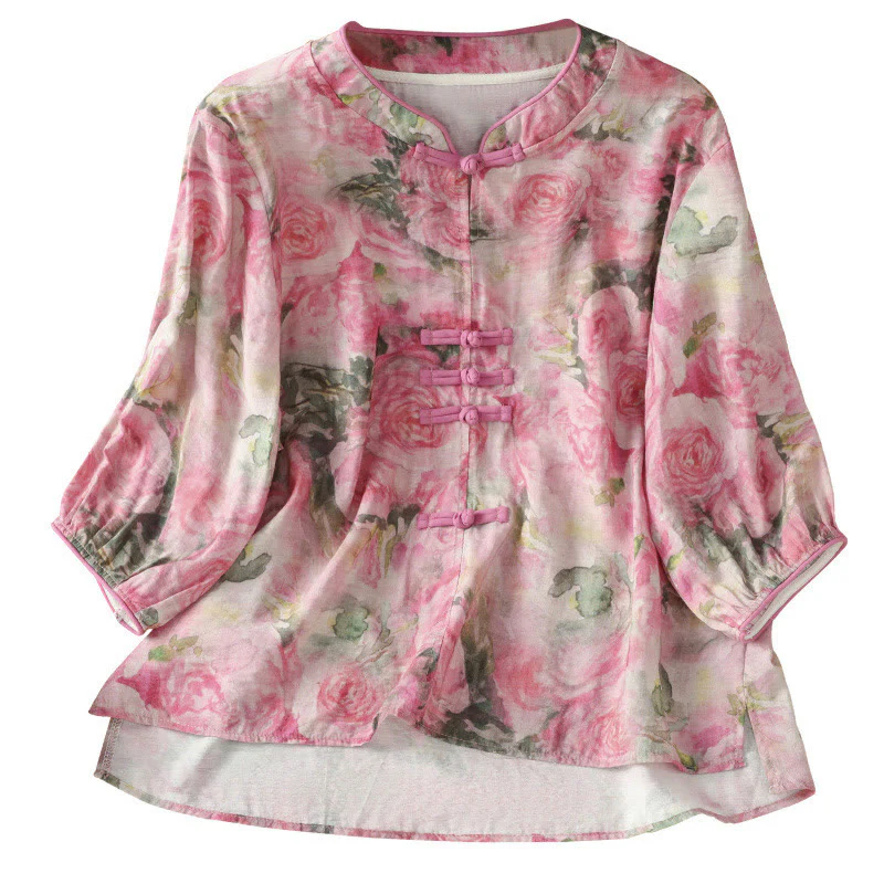 Buddha Stones Camicia da donna in cotone con maniche a tre quarti, stampa floreale, tinta unita, bottoni cinesi a forma di rana - Image 15