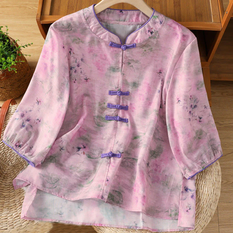 Buddha Stones Camicia da donna in cotone con maniche a tre quarti, stampa floreale, tinta unita, bottoni cinesi a forma di rana - Image 16