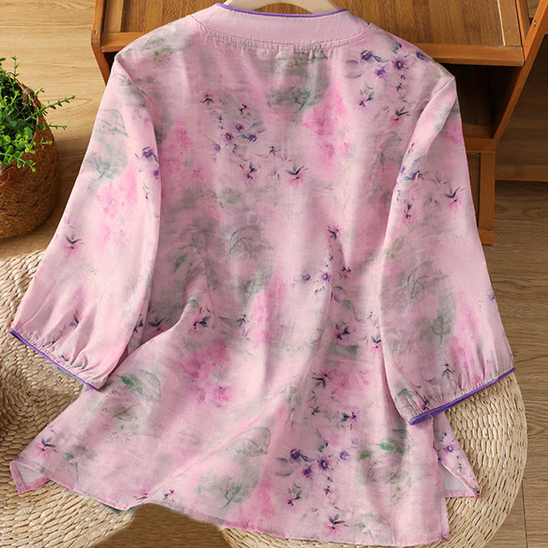 Buddha Stones Camicia da donna in cotone con maniche a tre quarti, stampa floreale, tinta unita, bottoni cinesi a forma di rana - Image 17