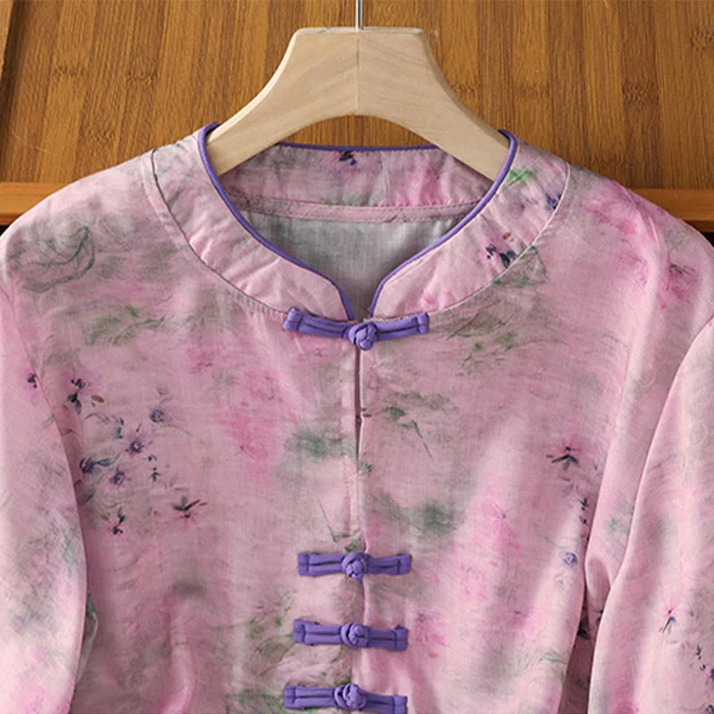 Buddha Stones Camicia da donna in cotone con maniche a tre quarti, stampa floreale, tinta unita, bottoni cinesi a forma di rana - Image 18