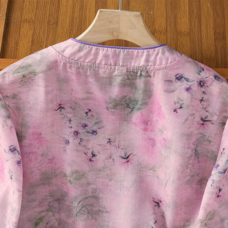 Buddha Stones Camicia da donna in cotone con maniche a tre quarti, stampa floreale, tinta unita, bottoni cinesi a forma di rana - Image 19