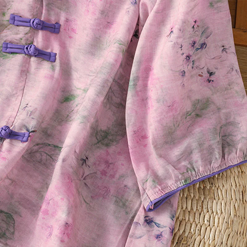 Buddha Stones Camicia da donna in cotone con maniche a tre quarti, stampa floreale, tinta unita, bottoni cinesi a forma di rana - Image 20