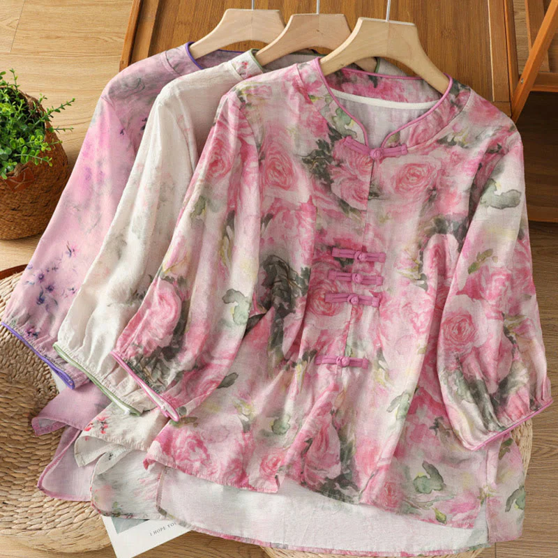Buddha Stones Camicia da donna in cotone con maniche a tre quarti, stampa floreale, tinta unita, bottoni cinesi a forma di rana - Image 22