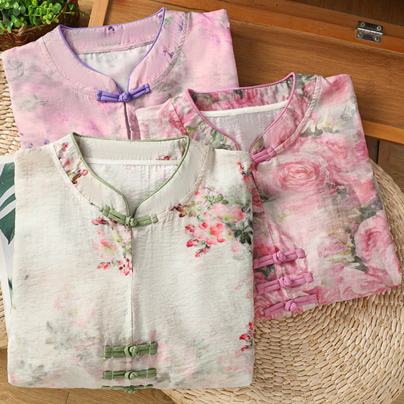Buddha Stones Camicia da donna in cotone con maniche a tre quarti, stampa floreale, tinta unita, bottoni cinesi a forma di rana - Image 23
