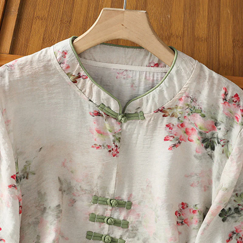 Buddha Stones Camicia da donna in cotone con maniche a tre quarti, stampa floreale, tinta unita, bottoni cinesi a forma di rana - Image 3