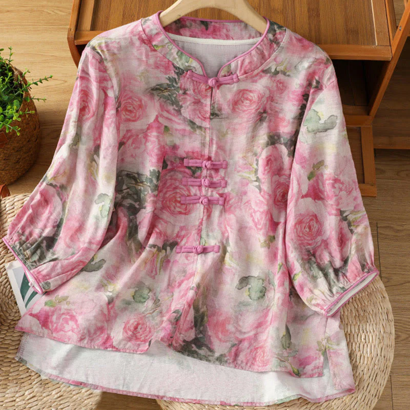 Buddha Stones Camicia da donna in cotone con maniche a tre quarti, stampa floreale, tinta unita, bottoni cinesi a forma di rana - Image 7