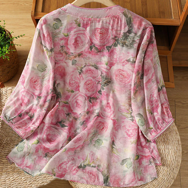 Buddha Stones Camicia da donna in cotone con maniche a tre quarti, stampa floreale, tinta unita, bottoni cinesi a forma di rana - Image 8