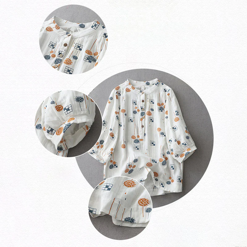 Buddha Stones Camicia da donna in cotone con maniche arricciate a tre quarti e design con bottoni stampati - Image 11