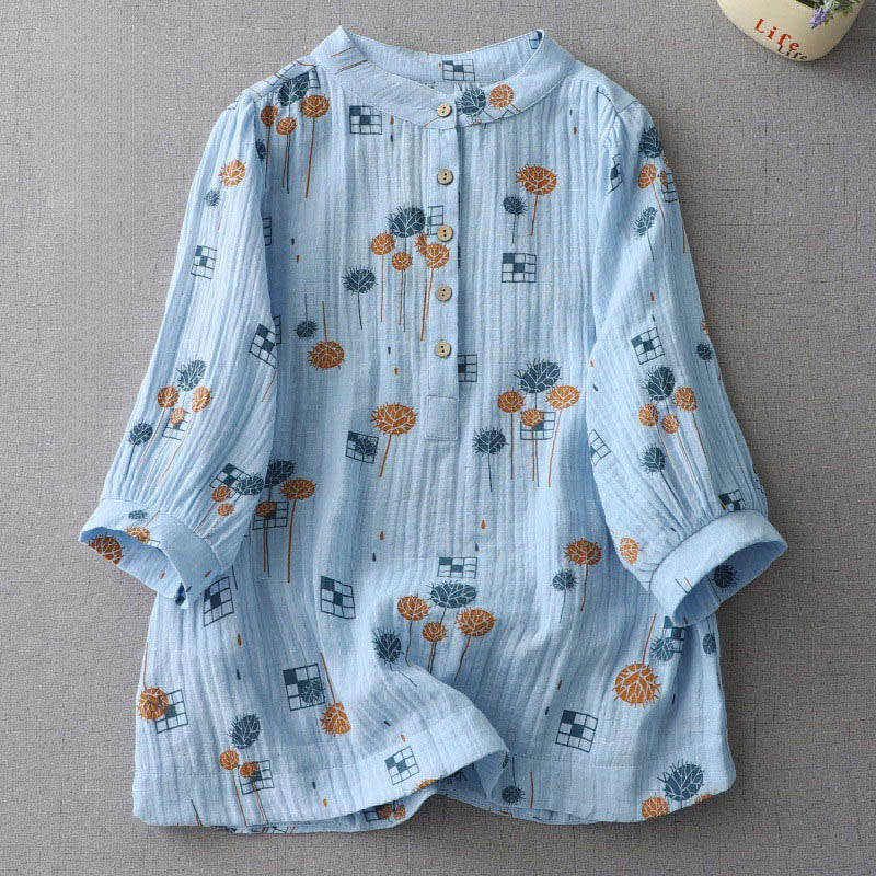 Buddha Stones Camicia da donna in cotone con maniche arricciate a tre quarti e design con bottoni stampati - Image 12