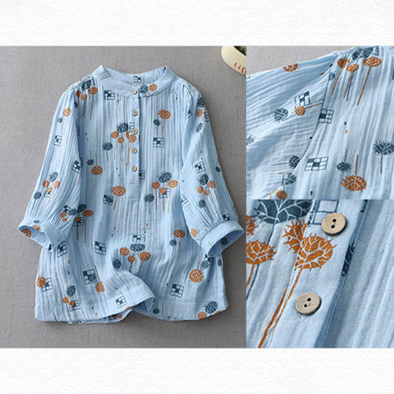 Buddha Stones Camicia da donna in cotone con maniche arricciate a tre quarti e design con bottoni stampati - Image 18