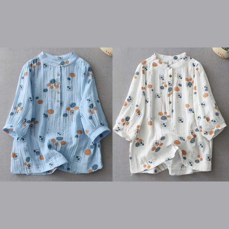 Buddha Stones Camicia da donna in cotone con maniche arricciate a tre quarti e design con bottoni stampati - Image 21