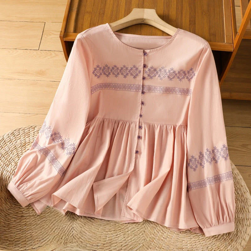 Buddha Stones Camicia da donna in cotone con maniche lunghe a lanterna, bottoni plissettati e ricamo - Image 10