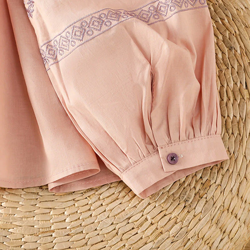 Buddha Stones Camicia da donna in cotone con maniche lunghe a lanterna, bottoni plissettati e ricamo - Image 17