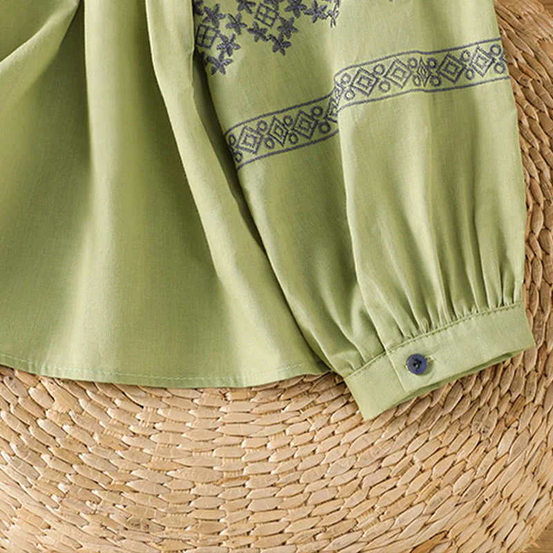 Buddha Stones Camicia da donna in cotone con maniche lunghe a lanterna, bottoni plissettati e ricamo - Image 27
