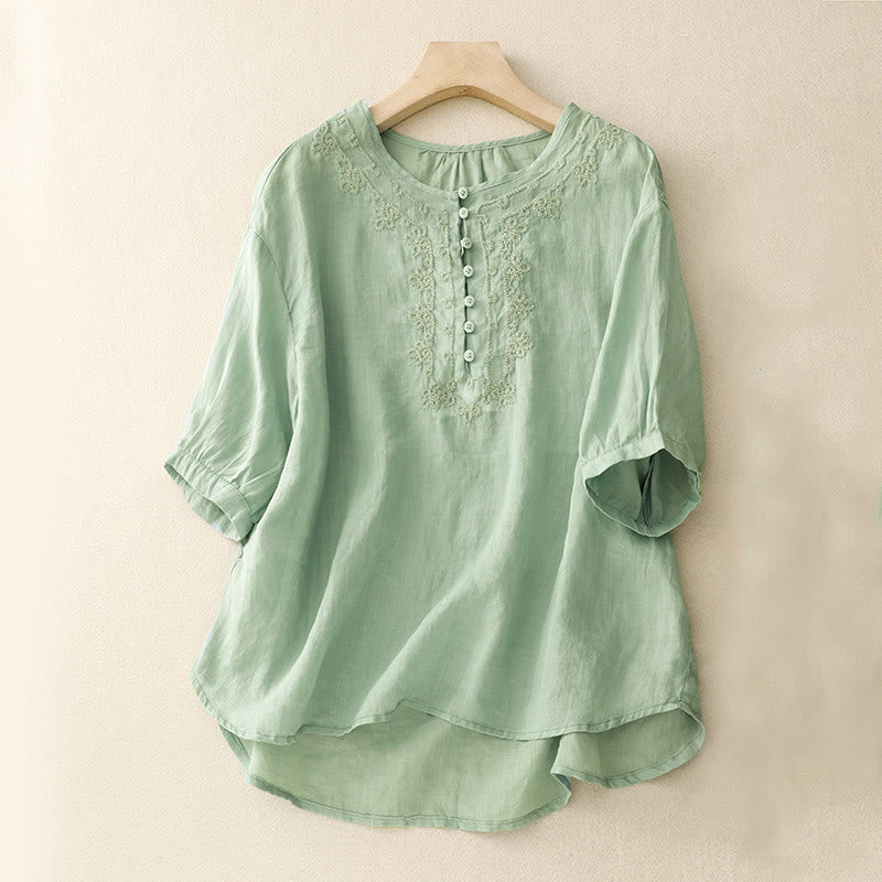 Buddha Stones Camicia da donna in cotone con scollo rotondo, maniche corte, bottoni e ricamo a linea