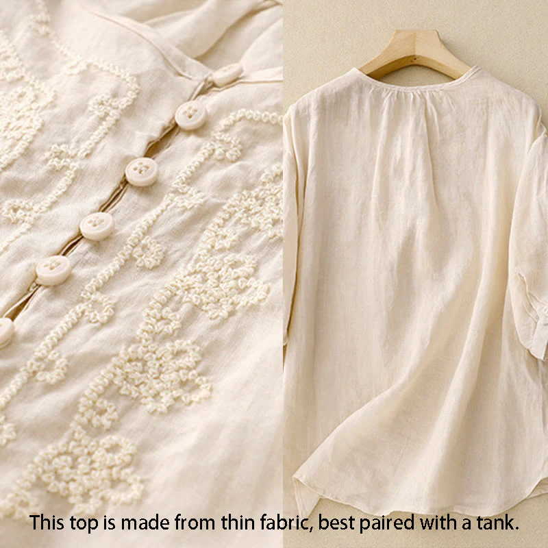 Buddha Stones Camicia da donna in cotone con scollo rotondo, maniche corte, bottoni e ricamo a linea - Image 11