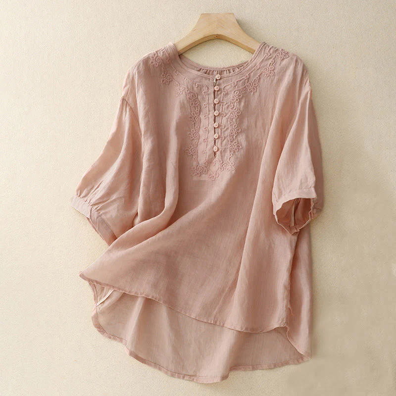 Buddha Stones Camicia da donna in cotone con scollo rotondo, maniche corte, bottoni e ricamo a linea - Image 13