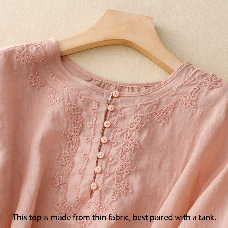 Buddha Stones Camicia da donna in cotone con scollo rotondo, maniche corte, bottoni e ricamo a linea - Image 14