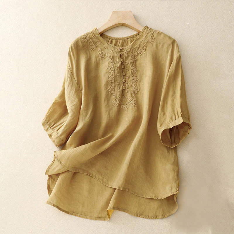 Buddha Stones Camicia da donna in cotone con scollo rotondo, maniche corte, bottoni e ricamo a linea - Image 18