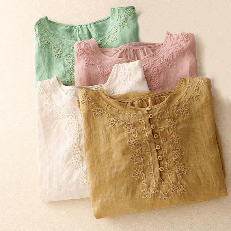 Buddha Stones Camicia da donna in cotone con scollo rotondo, maniche corte, bottoni e ricamo a linea - Image 19