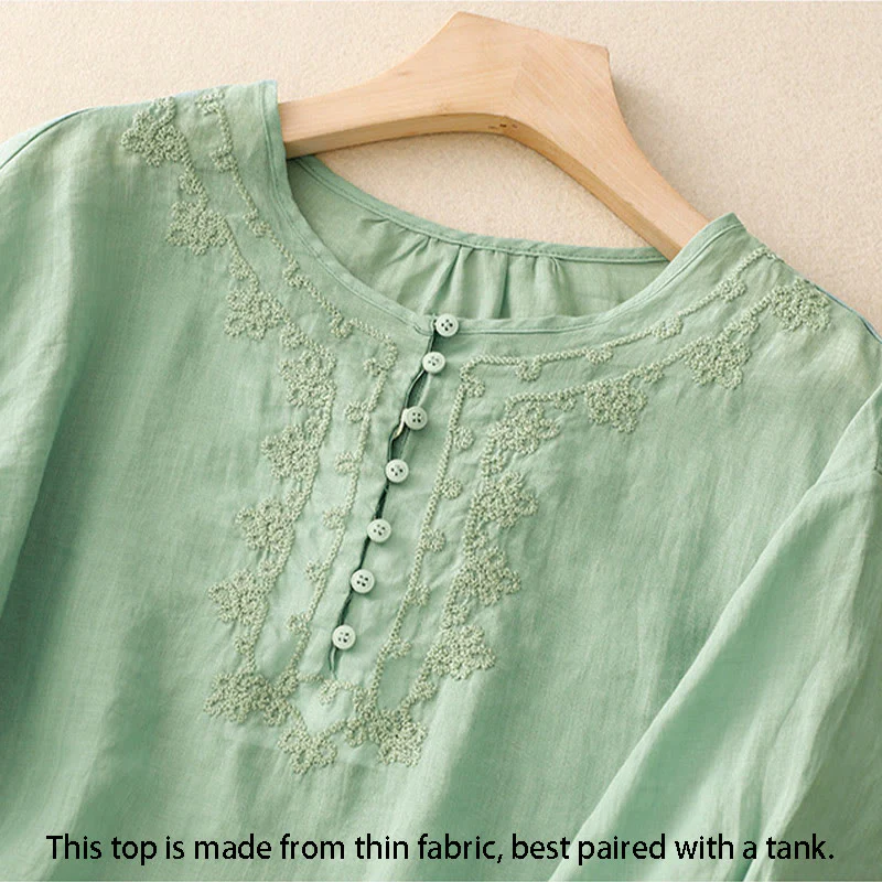 Buddha Stones Camicia da donna in cotone con scollo rotondo, maniche corte, bottoni e ricamo a linea - Image 2