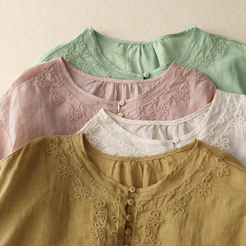 Buddha Stones Camicia da donna in cotone con scollo rotondo, maniche corte, bottoni e ricamo a linea - Image 20