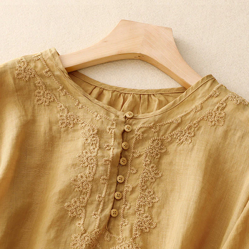 Buddha Stones Camicia da donna in cotone con scollo rotondo, maniche corte, bottoni e ricamo a linea - Image 21