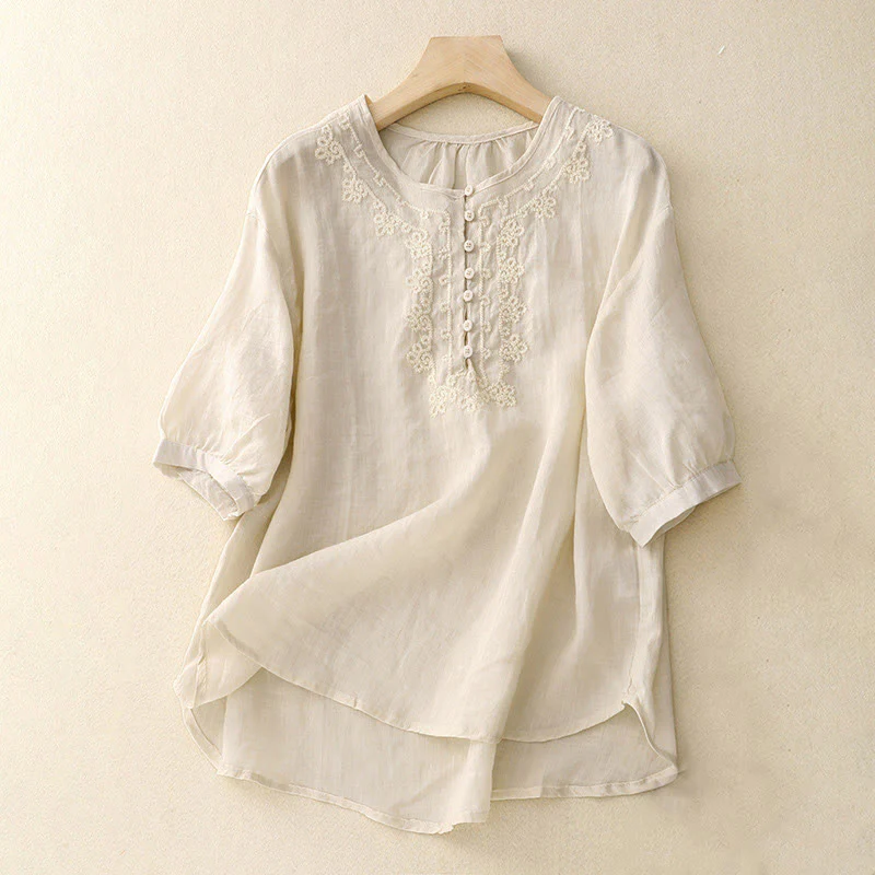 Buddha Stones Camicia da donna in cotone con scollo rotondo, maniche corte, bottoni e ricamo a linea - Image 6