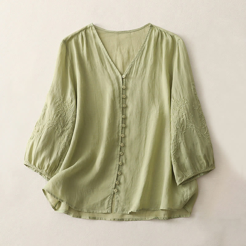 Buddha Stones Camicia da donna in cotone e lino con bottoni ricamati